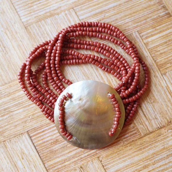 1970s Stretchy Red Seed Bead Bracelet – Mother of Pearl Shell Disc, Boho Style - Picture 1 of 2